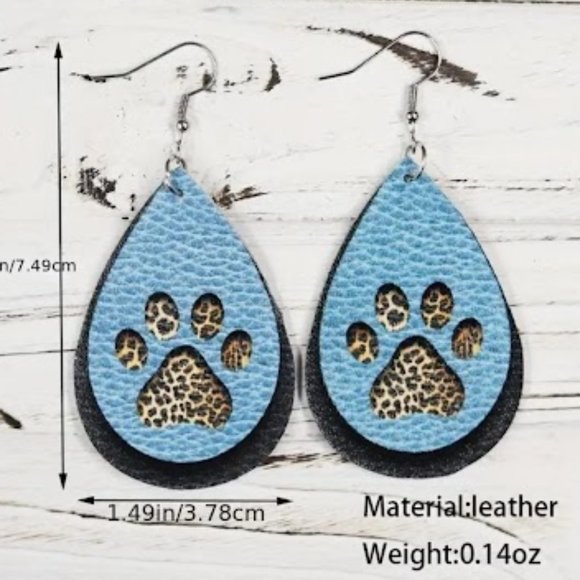 Leopard Dog Paw Print PU Leather Waterdrop Shape Earrings with .925 Silver Hooks - Picture 4 of 4